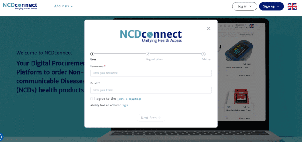 Screenshot of the Sign Up pop-up page on NCDconnect, your digital procurement platform for NCD products.