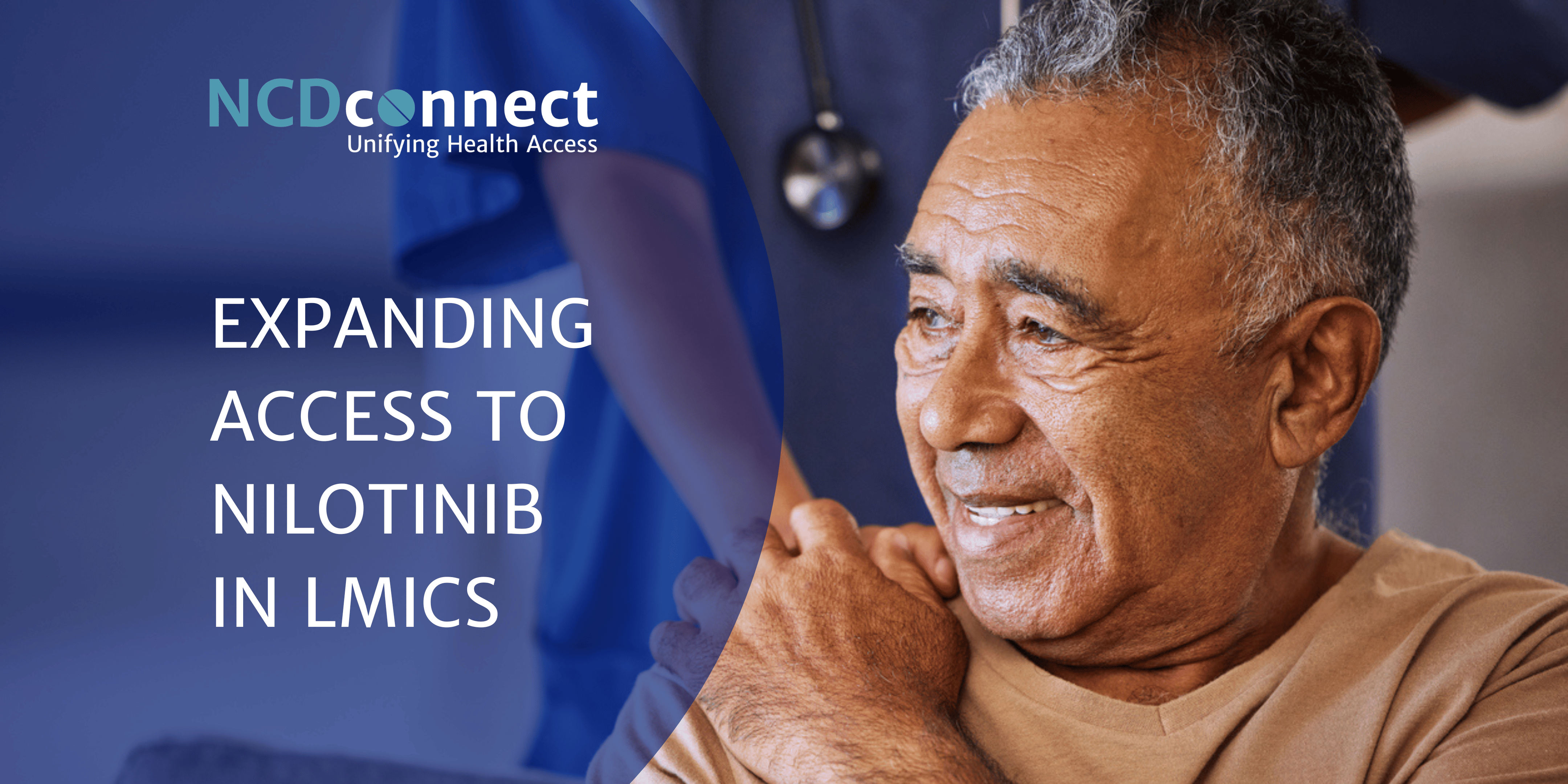 Picture of an aged person smiling with the hand of a healthcare person on his shoulder
